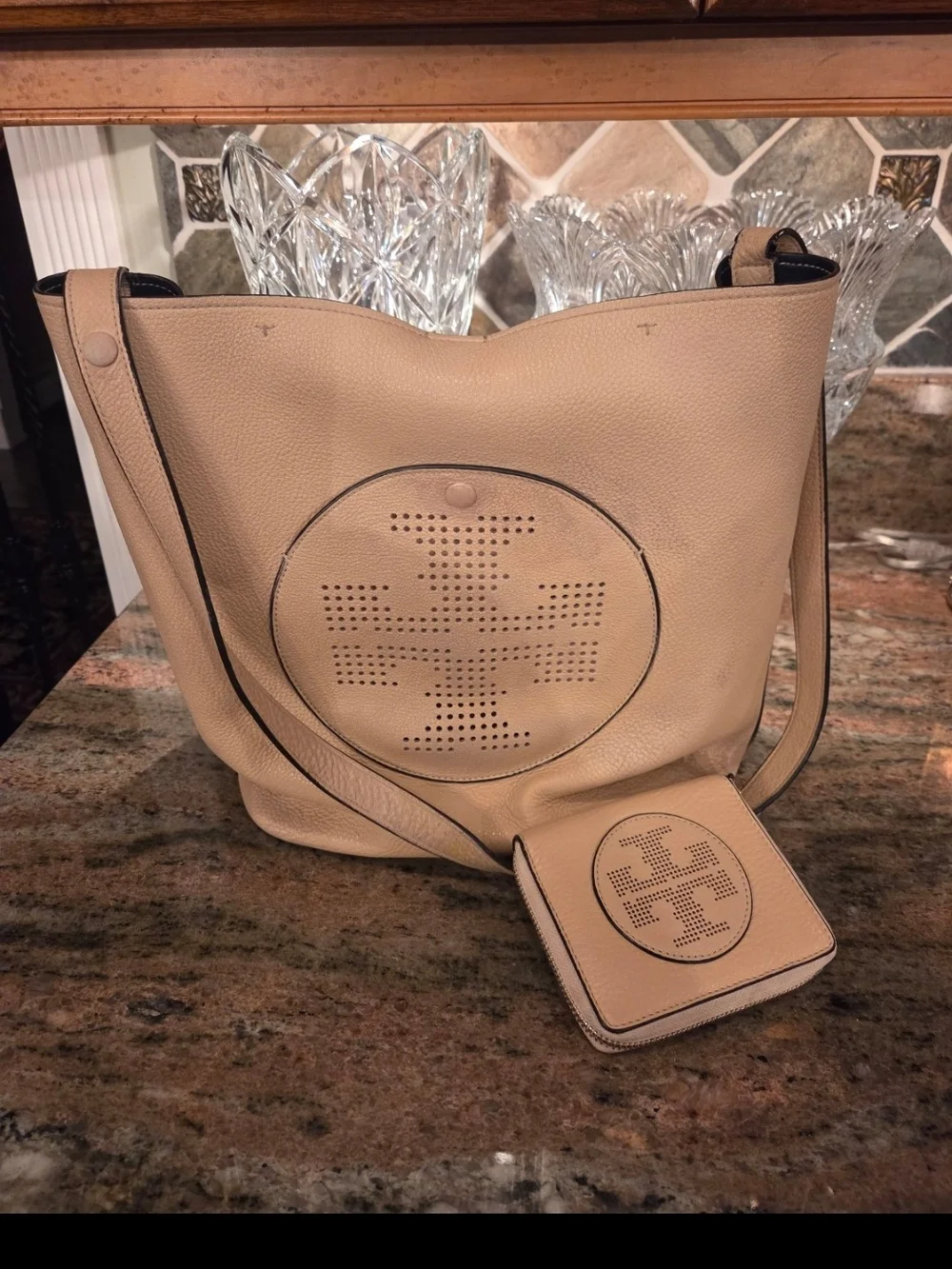 Tory Burch Beige Perforated Logo Leather Bag And Wallett